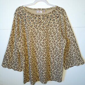 NWT Quacker Factory Tan Cheetah Print Embellished Top L